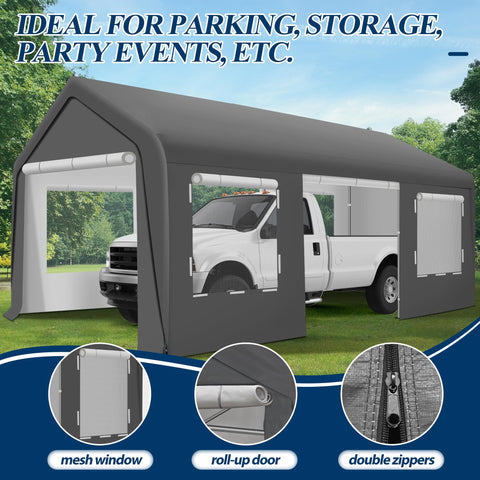 COVERONICS 12' x 20' Heavy Duty Carport Tent - Portable Outdoor Car Canopy with Roll-up Side Doors & Windows, Portable Garage with 4 Sandbags for Car, Truck and Outdoor Event, Grey