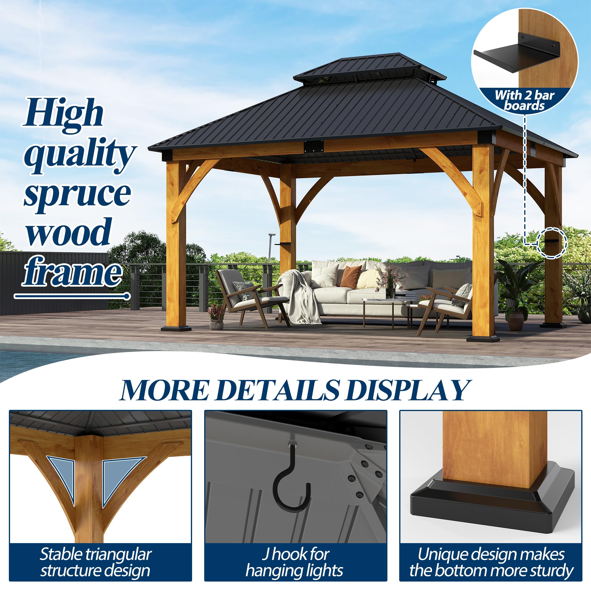 COVERONICS 11FT x 13FT Outdoor Spruce Wooden Gazebo - Patio Wood Frame Gazebo with Galvanized Steel Double Roof, Heavy-Duty Hardtop Gazebos for Garden, Poolside, Deck, Backyard