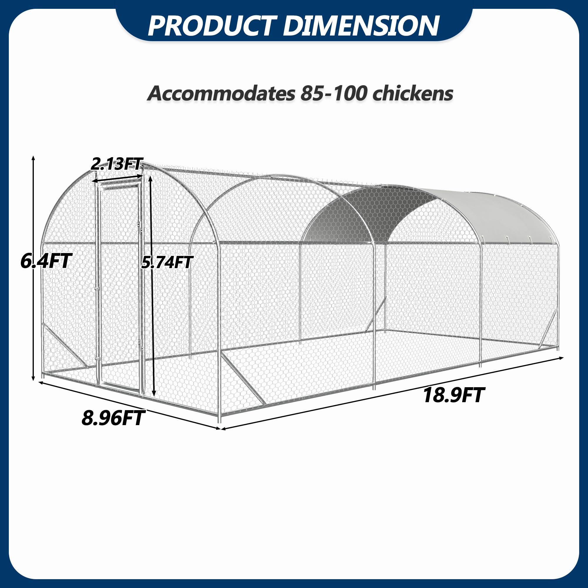 COVERONICS Metal Chicken Coop Run - Outdoor Large Chicken Coop with Waterproof Cover and Security Lock, Walk-in Poultry Pen for Outdoor Yard Farm 9x19x6.5FT (3-Unit Dome Roof Coop)