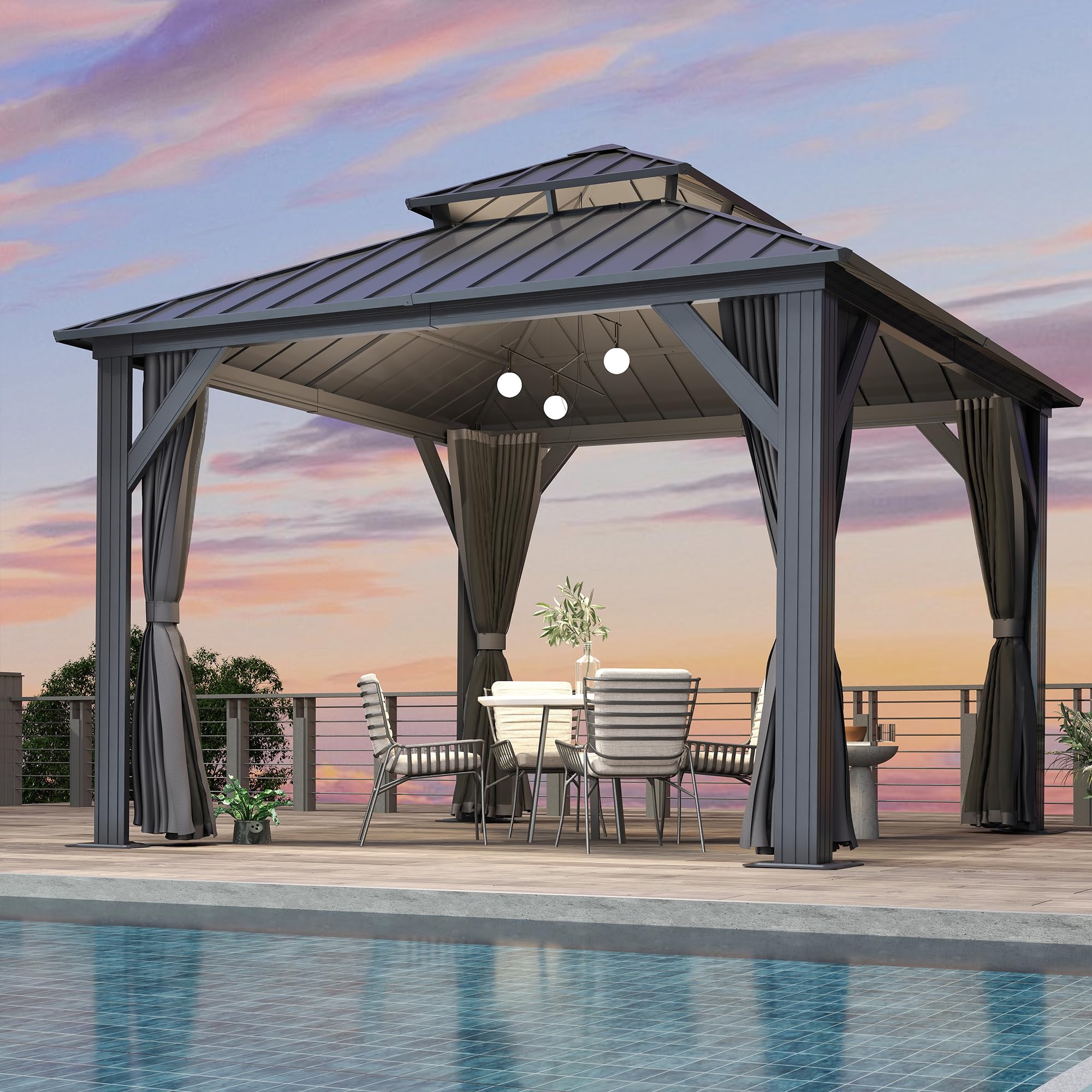 12×14 ft Aluminum Hardtop Gazebo with Galvanized Steel Double Roof & Curtains