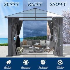 COVERONICS 10FT x 10FT Patio Polycarbonate Hardtop Gazebo with Steel Frame - Outdoor Translucent Single Roof Gazebo with Breathable Netting & Shaded Curtains for Porch, Lawn, Garden, Backyard, Poolside