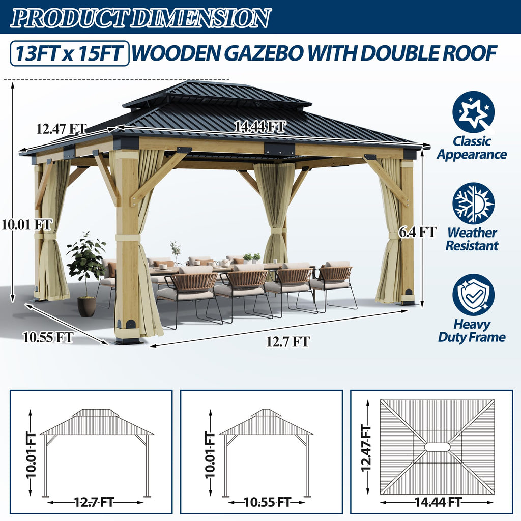 COVERONICS 13FT x 15FT Outdoor Cedar Wooden Gazebo - Patio Wood Frame Gazebo with Galvanized Steel Hardtop, Heavy-Duty Hardtop Gazebo with Netting & Curtains for Garden, Poolside, Deck, Backyard