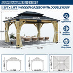 COVERONICS 13FT x 15FT Outdoor Cedar Wooden Gazebo - Patio Wood Frame Gazebo with Galvanized Steel Hardtop, Heavy-Duty Hardtop Gazebo with Netting & Curtains for Garden, Poolside, Deck, Backyard