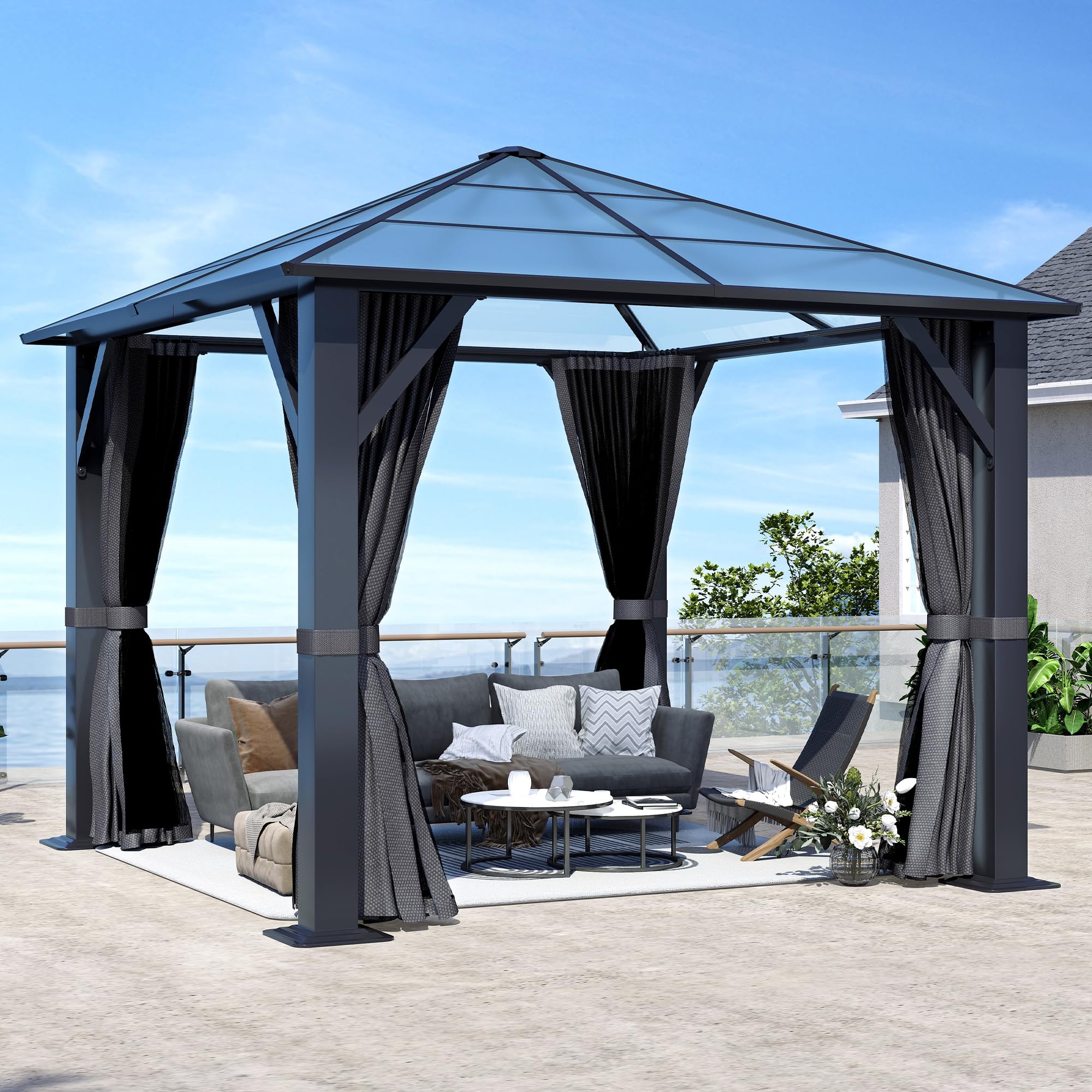 10×10 ft Polycarbonate Hardtop Gazebo with Steel Frame, Single Roof, Netting & Curtains