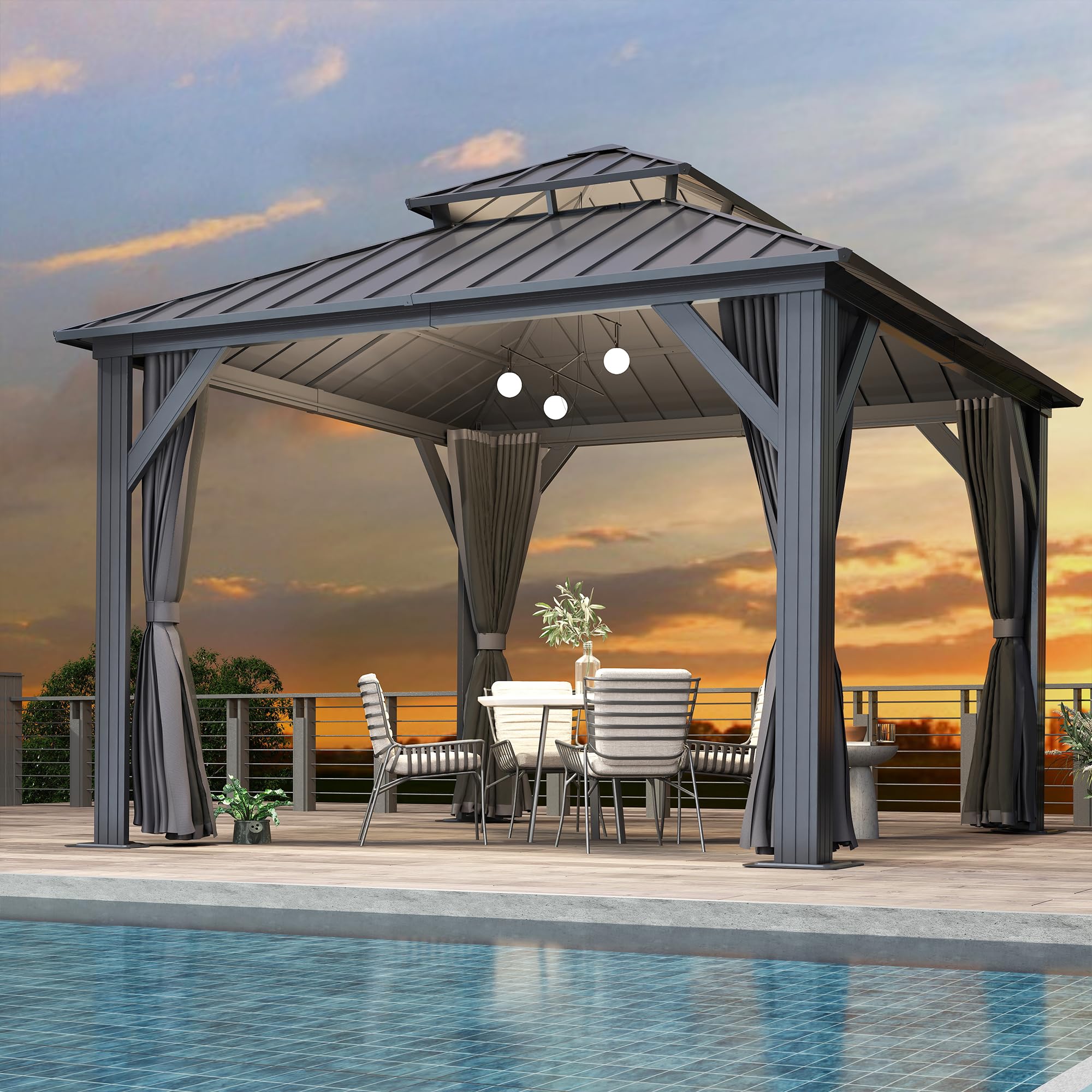 12×12 ft Aluminum Hardtop Gazebo with Galvanized Steel Double Roof & Curtains