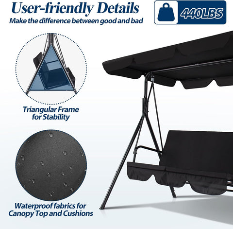 3-Seat Outdoor Porch Swing, Patio Swing Chair with Adjustable Canopy & Durable Metal Frame, Garden Swings Chair with Removable Cushions for Backyard, Terrace, Lawn