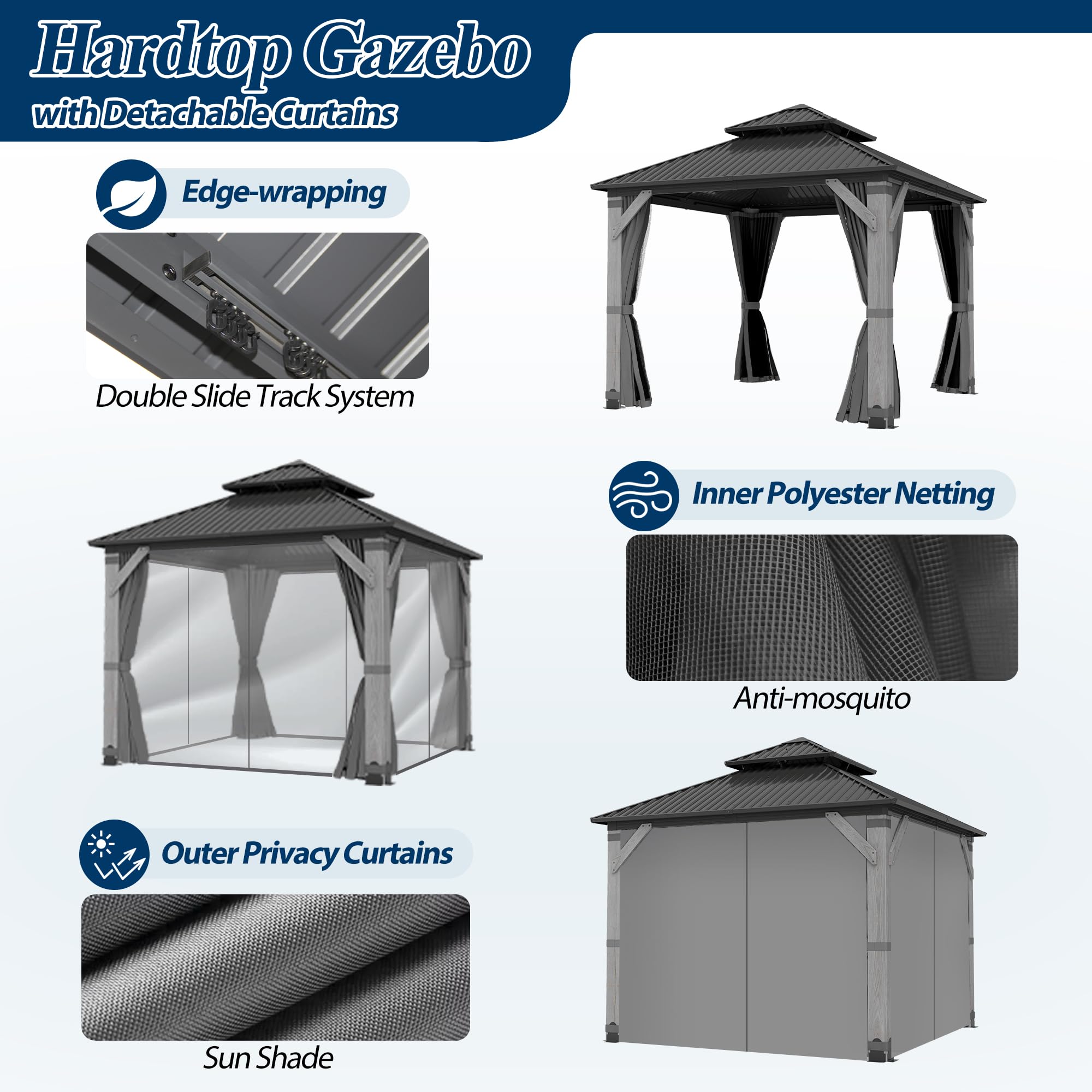 COVERONICS 10FT x 10FT Outdoor Hardtop Gazebo - Patio Cedar Wood Post Gazebo with Galvanized Steel Hardtop, Heavy-Duty Double Roof Pavilion with Netting & Curtains for Garden, Poolside, Deck, Backyard