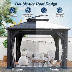 COVERONICS 12' x 12' Outdoor Galvanized Hardtop Gazebo - Aluminum Heavy-Duty Double Roof Vented Gazebo with Breathable Netting & Privacy Curtains for Patio, Porch, Garden, Lawn