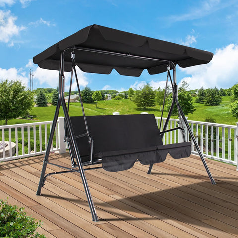 3-Seat Outdoor Porch Swing, Patio Swing Chair with Adjustable Canopy & Durable Metal Frame, Garden Swings Chair with Removable Cushions for Backyard, Terrace, Lawn