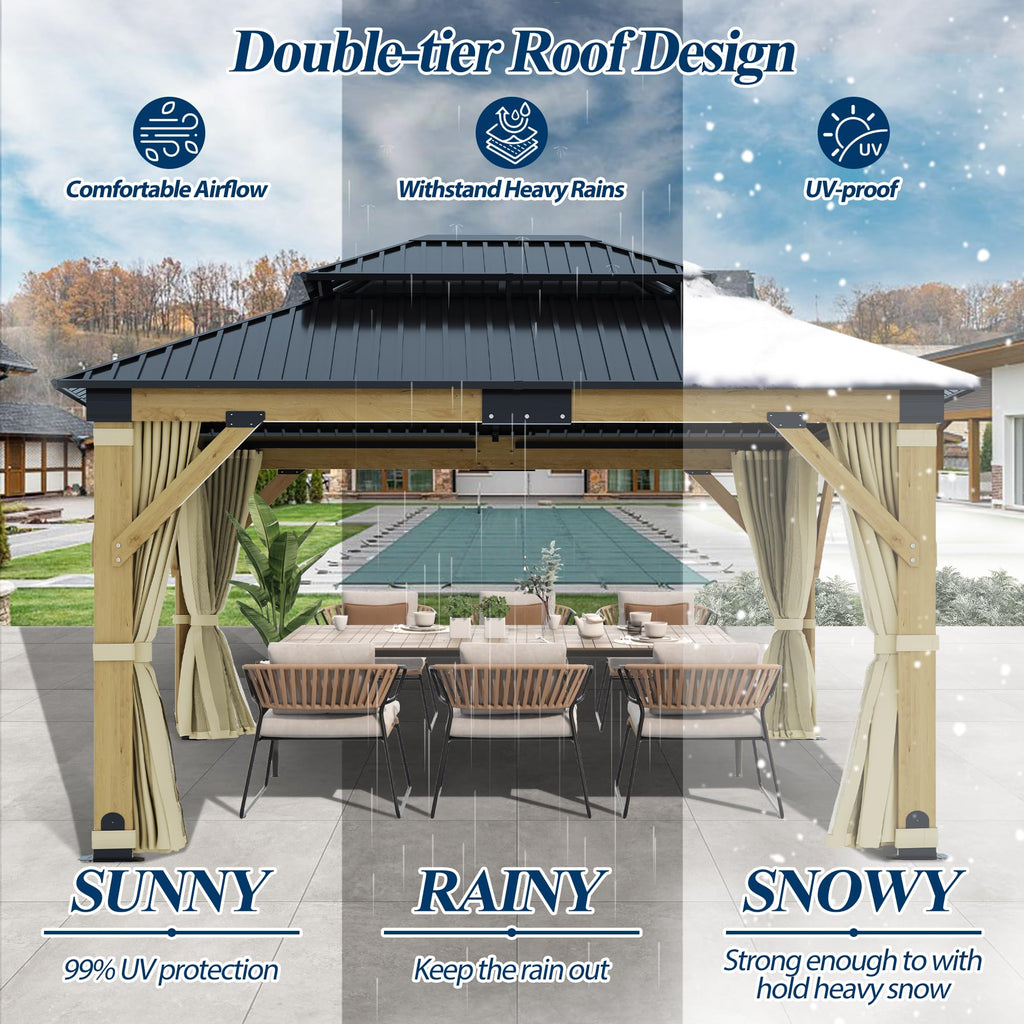 COVERONICS 11FT x 13FT Outdoor Cedar Wooden Gazebo - Patio Wood Frame Gazebo with Galvanized Steel Hardtop, Heavy-Duty Hardtop Gazebo with Netting & Curtains for Garden, Poolside, Deck, Backyard