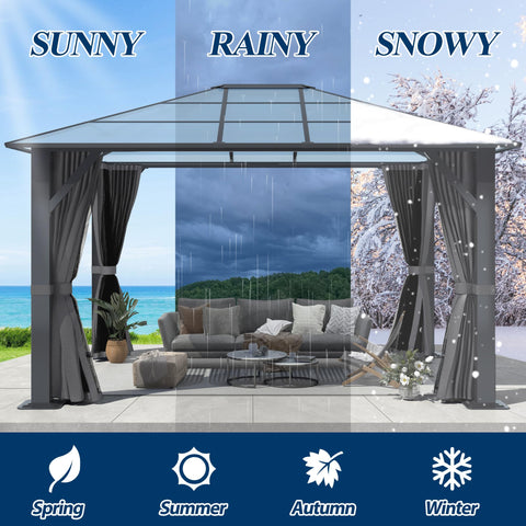 COVERONICS 10' x 12' Porch Polycarbonate Hardtop Gazebo with Steel Frame - Outdoor Translucent Single Roof Gazebo with Breathable Netting & Shaded Curtains for Patio, Lawn, Garden, Backyard, Poolside