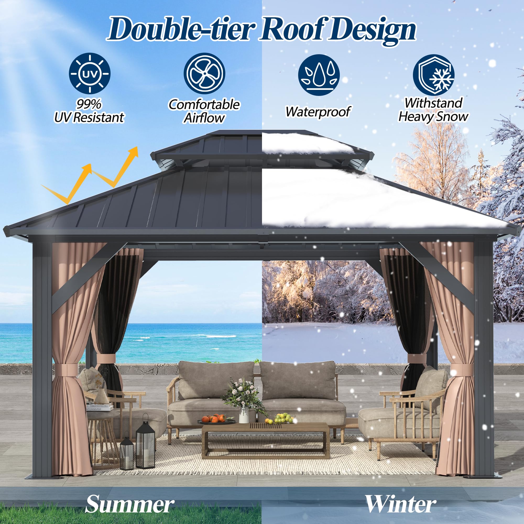 COVERONICS 10'x12' Outdoor Galvanized Steel Hardtop Gazebo - Patio Double Roof Gazebo with Aluminum Frame, Vertical Roof Gazebo with Netting & Curtains for Porch, Garden, Lawn, Deck, Backyard