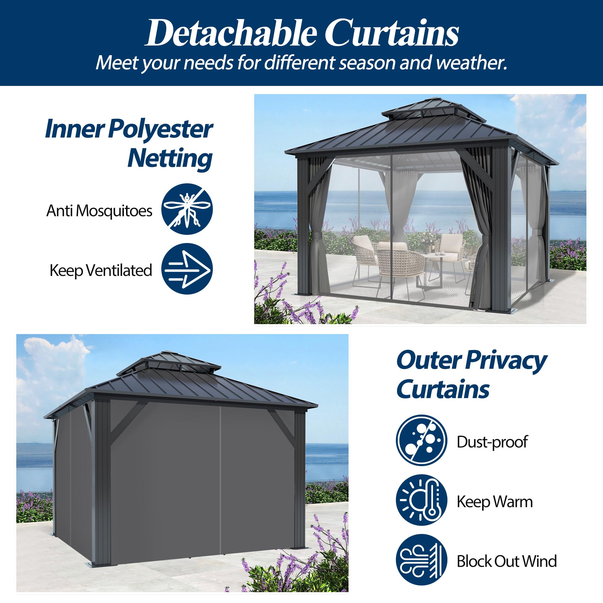 COVERONICS 10' x 10' Outdoor Galvanized Hardtop Gazebo - Aluminum Heavy-Duty Double Roof Vented Gazebo with Breathable Netting & Privacy Curtains for Patio, Porch, Garden, Lawn