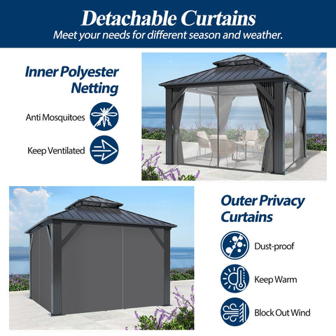 COVERONICS 10' x 10' Outdoor Galvanized Hardtop Gazebo - Aluminum Heavy-Duty Double Roof Vented Gazebo with Breathable Netting & Privacy Curtains for Patio, Porch, Garden, Lawn
