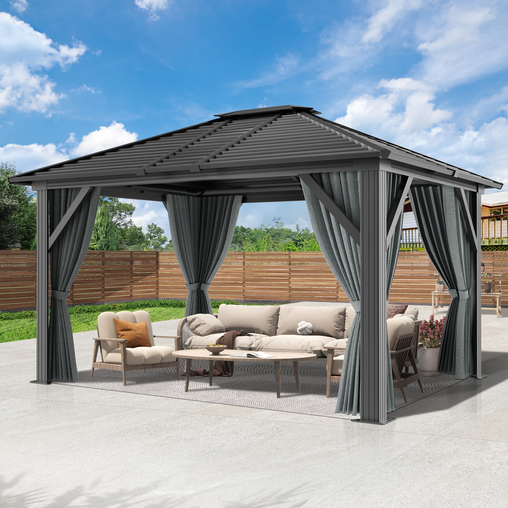 COVERONICS 10' x 12' Patio Hardtop Gazebo - Outdoor Heavy Duty with Aluminum Frame, Galvanized Steel Hardtop Single Roof with Breathable Netting and Curtains for Garden, Lawns, Party, Poolside