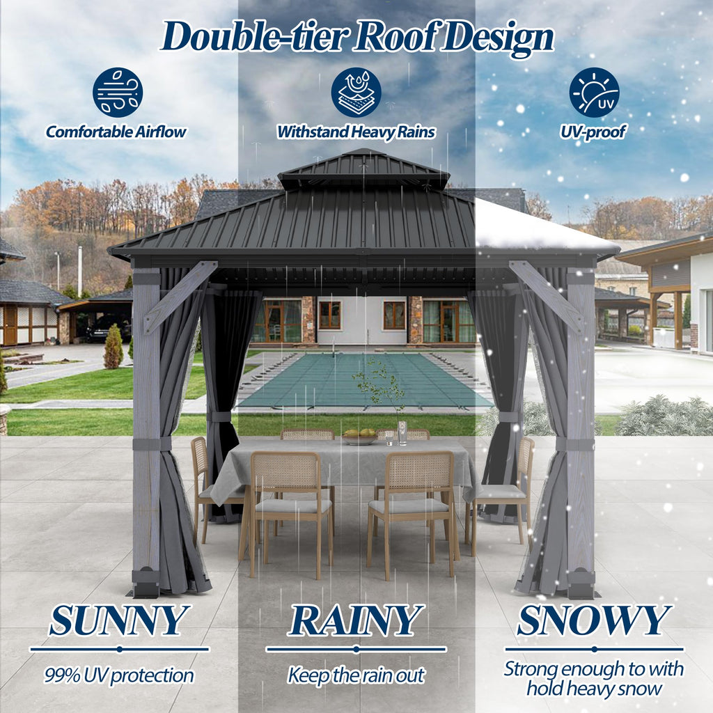 COVERONICS 10FT x 10FT Outdoor Hardtop Gazebo - Patio Cedar Wood Post Gazebo with Galvanized Steel Hardtop, Heavy-Duty Double Roof Pavilion with Netting & Curtains for Garden, Poolside, Deck, Backyard