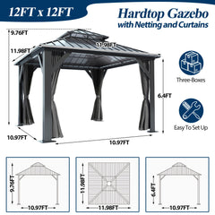 COVERONICS 12' x 12' Outdoor Galvanized Hardtop Gazebo - Aluminum Heavy-Duty Double Roof Vented Gazebo with Breathable Netting & Privacy Curtains for Patio, Porch, Garden, Lawn