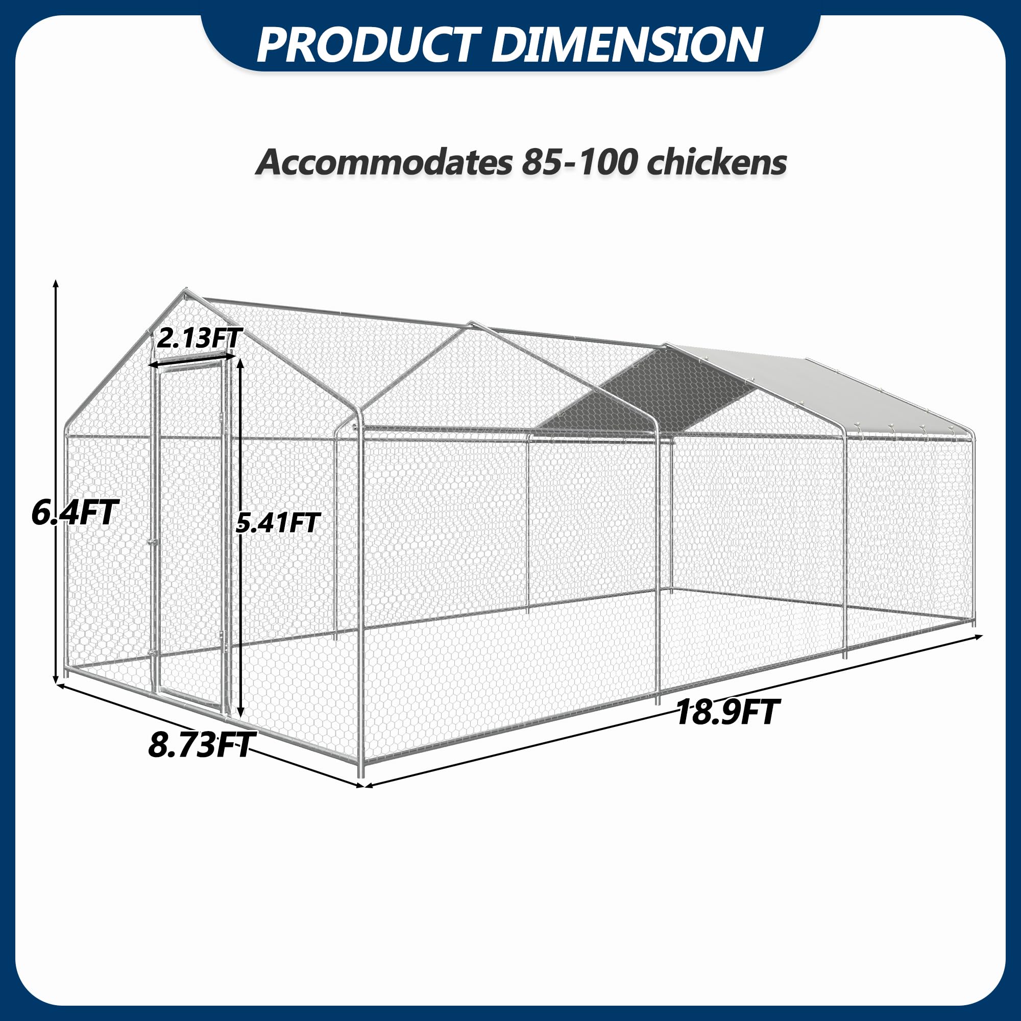 COVERONICS Metal Chicken Coop Run - Outdoor Large Chicken Coop with Waterproof Cover and Security Lock, Walk-in Poultry Pen for Outdoor Yard Farm 9x19x6.4FT (3-Unit Spire Roof Coop)