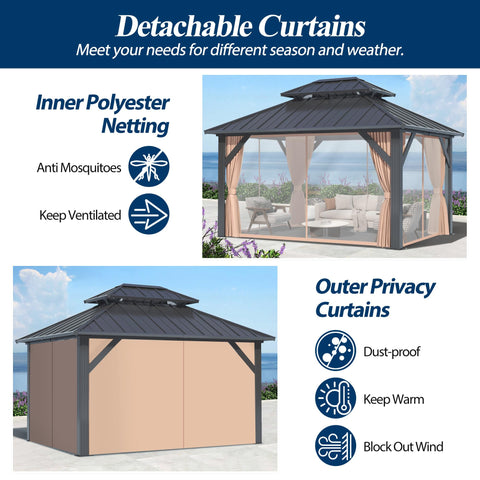 COVERONICS 10'x12' Outdoor Galvanized Steel Hardtop Gazebo - Patio Double Roof Gazebo with Aluminum Frame, Vertical Roof Gazebo with Netting & Curtains for Porch, Garden, Lawn, Deck, Backyard