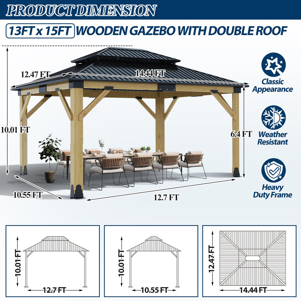 COVERONICS 13FT x 15FT Outdoor Cedar Wooden Gazebo - Patio Wood Frame Gazebo with Galvanized Steel Hardtop, Heavy-Duty Hardtop Gazebo for Garden, Poolside, Deck, Backyard