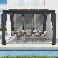COVERONICS 10' X 10' Outdoor Polycarbonate Hardtop Gazebo - Wall-Mounted Aluminum Frame Gazebo with Slope Roof, Patio Heavy-Duty Lean to Gazebo Pergola with Netting & Curtains for Garden, Backyard