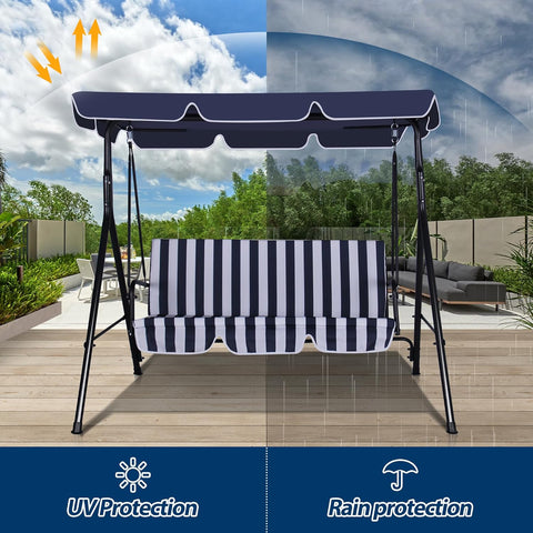 3-Seat Outdoor Porch Swing, Patio Swing Chair with Adjustable Canopy & Durable Metal Frame, Garden Swings Chair with Removable Cushions for Backyard, Terrace, Lawn
