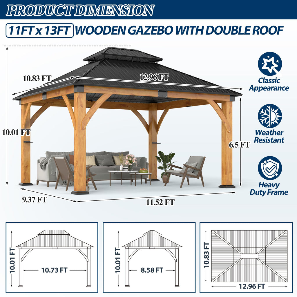 COVERONICS 11FT x 13FT Outdoor Spruce Wooden Gazebo - Patio Wood Frame Gazebo with Galvanized Steel Double Roof, Heavy-Duty Hardtop Gazebos for Garden, Poolside, Deck, Backyard