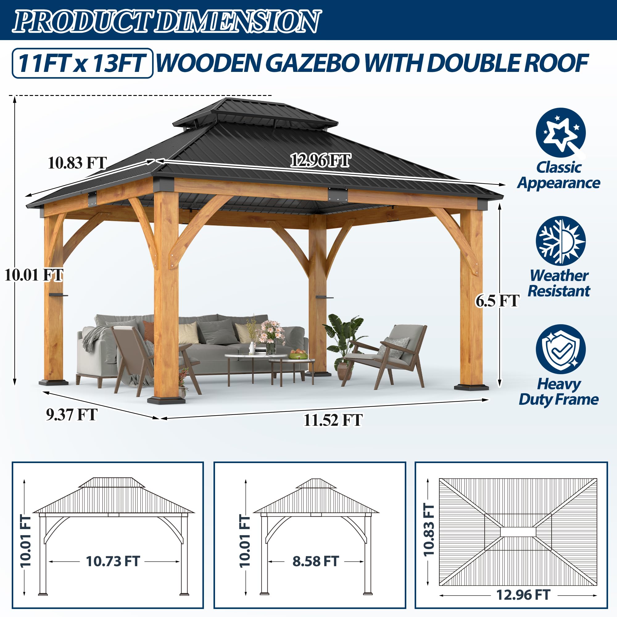 COVERONICS 11FT x 13FT Outdoor Spruce Wooden Gazebo - Patio Wood Frame Gazebo with Galvanized Steel Double Roof, Heavy-Duty Hardtop Gazebos for Garden, Poolside, Deck, Backyard