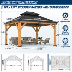 COVERONICS 11FT x 13FT Outdoor Spruce Wooden Gazebo - Patio Wood Frame Gazebo with Galvanized Steel Double Roof, Heavy-Duty Hardtop Gazebos for Garden, Poolside, Deck, Backyard