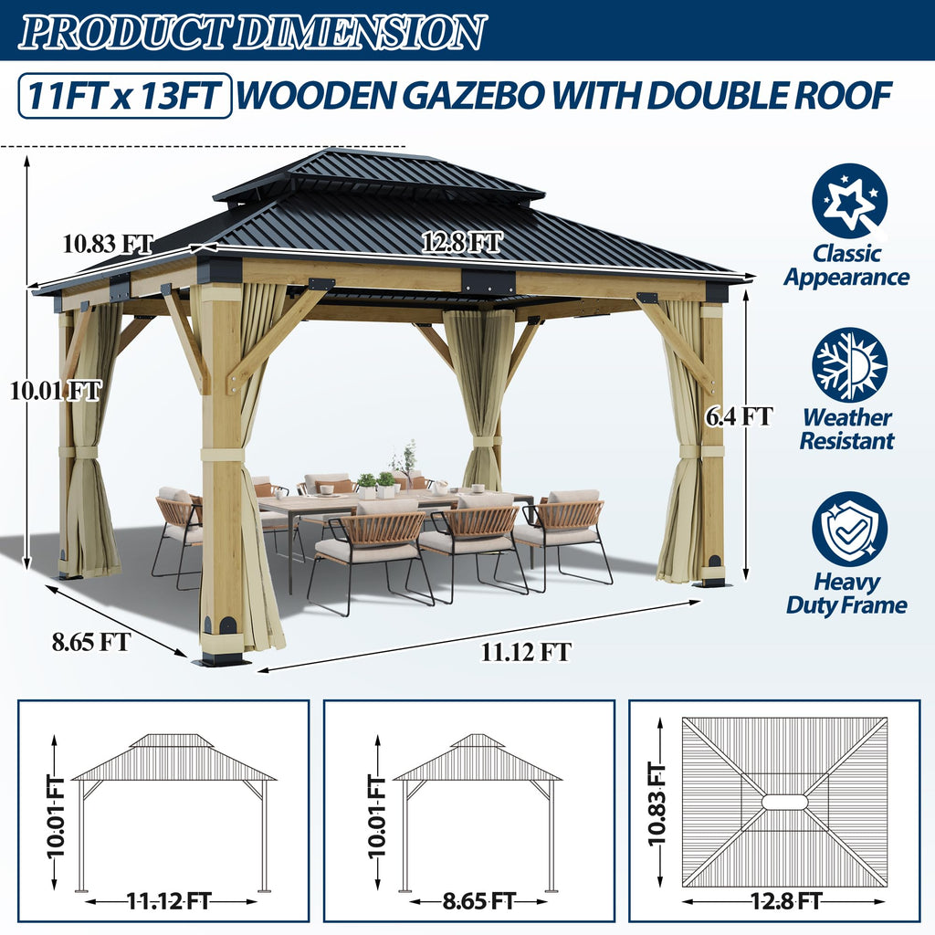 COVERONICS 11FT x 13FT Outdoor Cedar Wooden Gazebo - Patio Wood Frame Gazebo with Galvanized Steel Hardtop, Heavy-Duty Hardtop Gazebo with Netting & Curtains for Garden, Poolside, Deck, Backyard