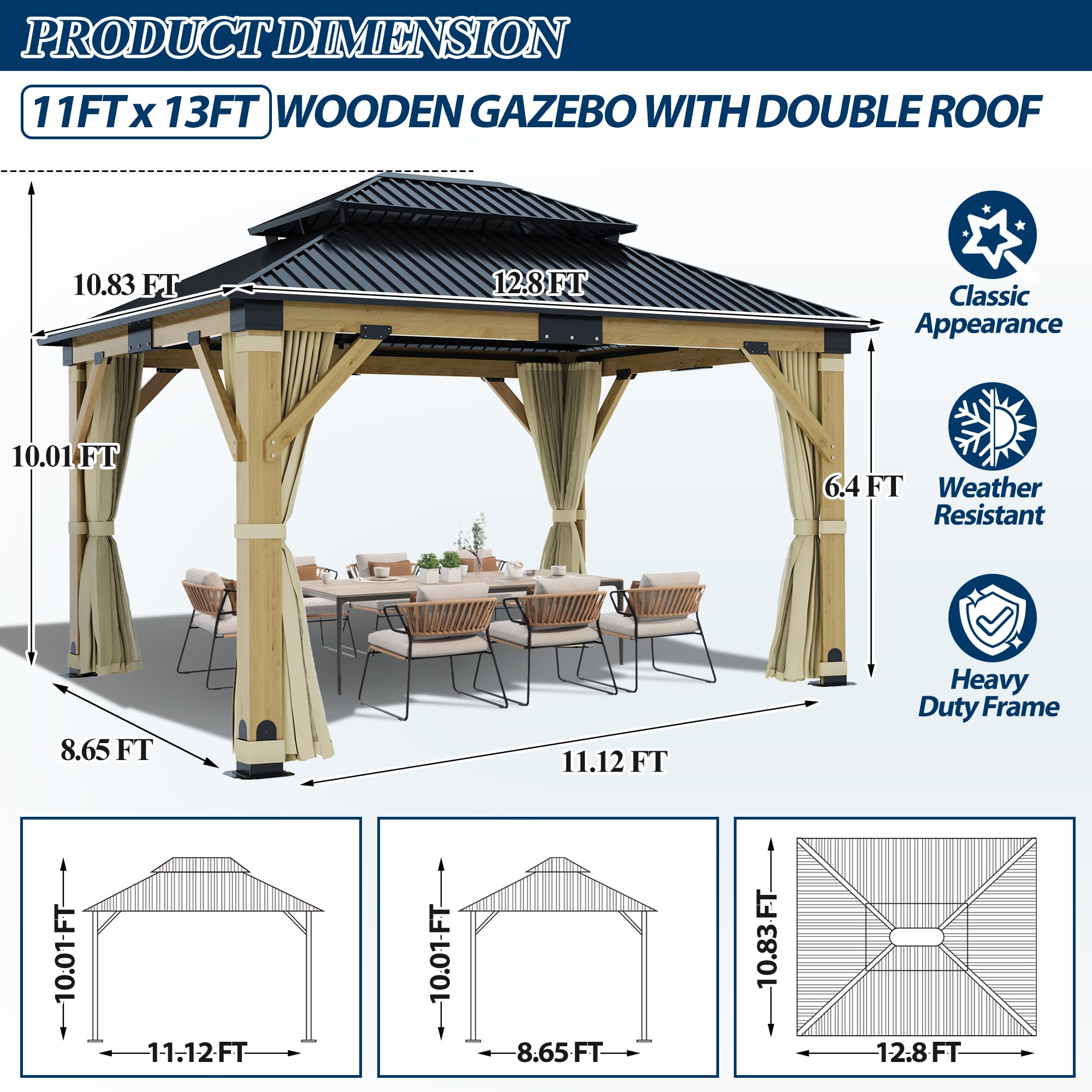COVERONICS 11FT x 13FT Outdoor Cedar Wooden Gazebo - Patio Wood Frame Gazebo with Galvanized Steel Hardtop, Heavy-Duty Hardtop Gazebo with Netting & Curtains for Garden, Poolside, Deck, Backyard