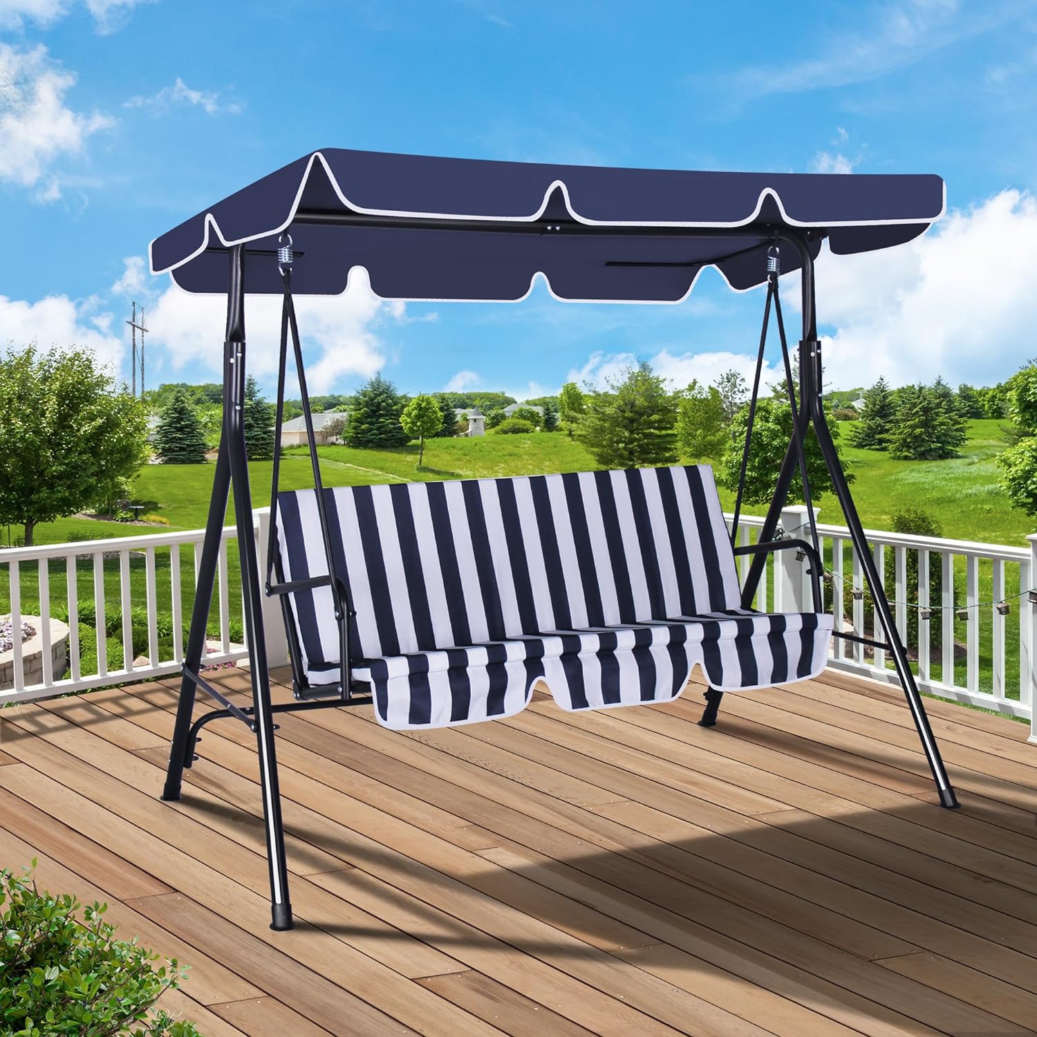 3-Seat Outdoor Porch Swing, Patio Swing Chair with Adjustable Canopy & Durable Metal Frame, Garden Swings Chair with Removable Cushions for Backyard, Terrace, Lawn