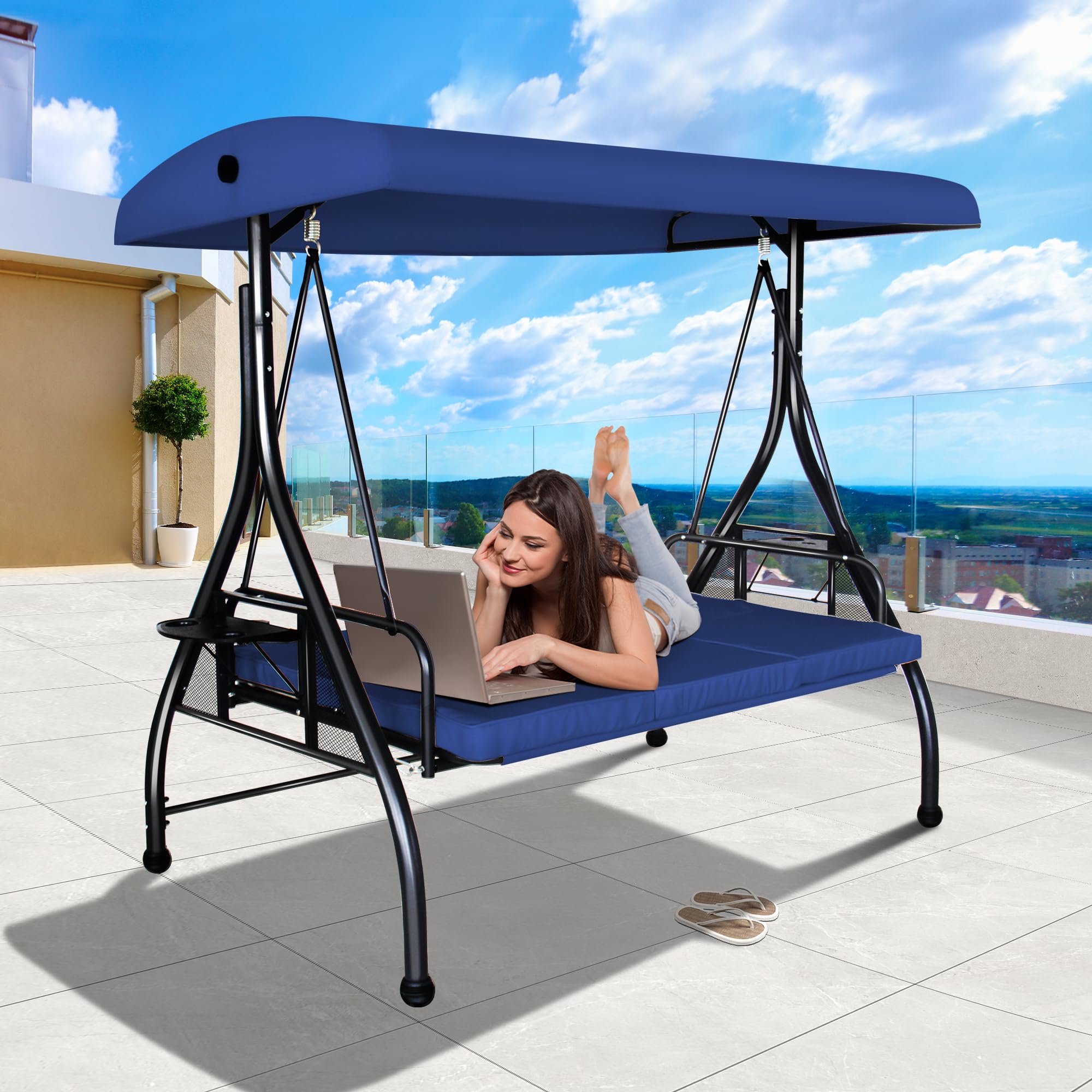 COVERONICS 3-Seat Outdoor Porch Swing, Patio Lounge Swing Chair with Converting Canopy for Deck, Backyard, Poolside, Patio Adjustable Shade & Removable Cushions(Navy Blue)