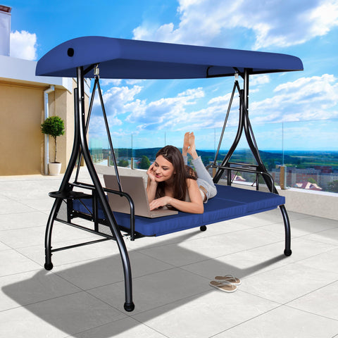 COVERONICS 3-Seat Outdoor Porch Swing, Patio Lounge Swing Chair with Converting Canopy for Deck, Backyard, Poolside, Patio Adjustable Shade & Removable Cushions(Navy Blue)