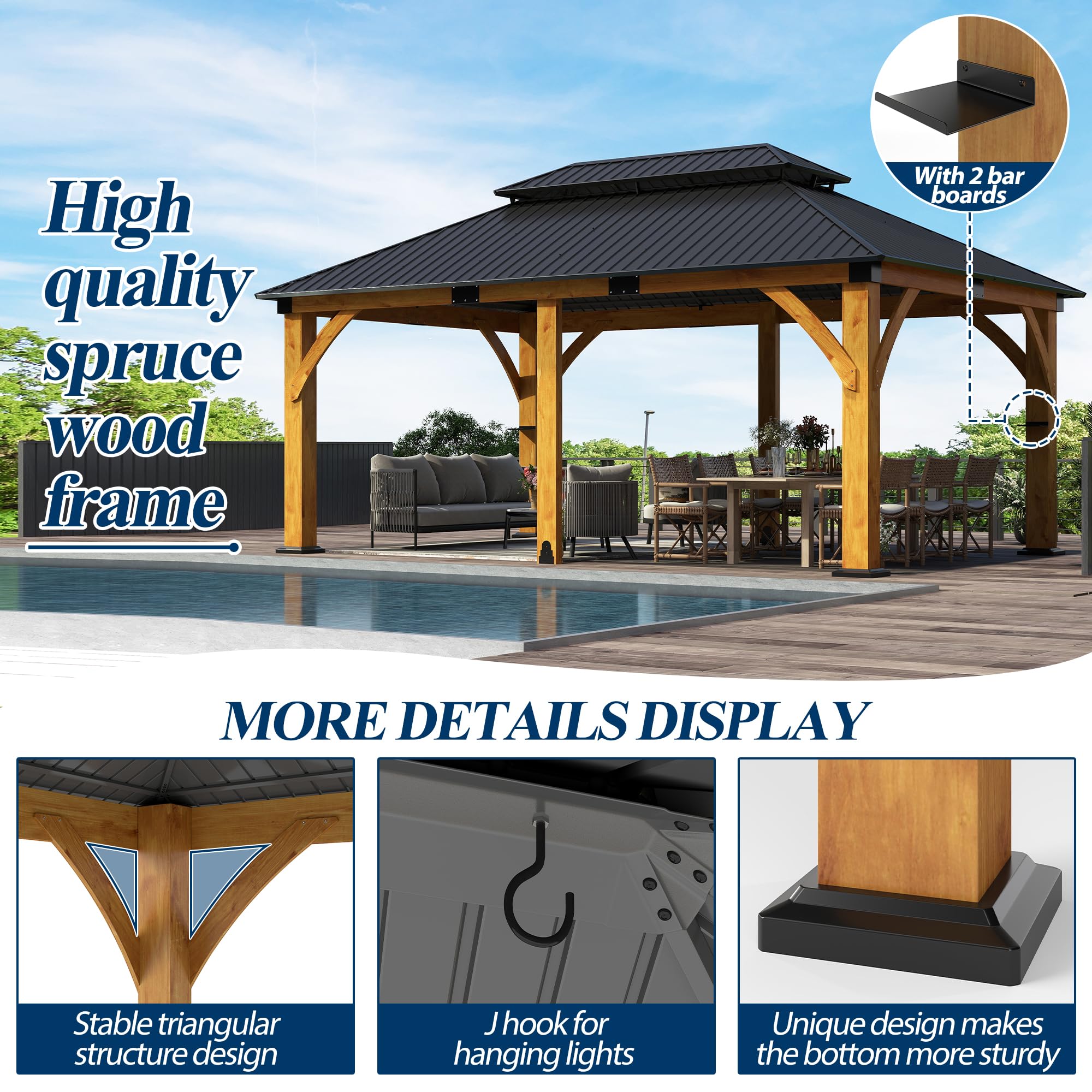 COVERONICS 12FT x 20FT Outdoor Spruce Wooden Gazebo - Patio Wood Frame Gazebo with Galvanized Steel Double Roof, Heavy-Duty Hardtop for Garden, Poolside, Deck, Backyard