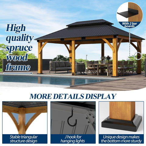 COVERONICS 12FT x 20FT Outdoor Spruce Wooden Gazebo - Patio Wood Frame Gazebo with Galvanized Steel Double Roof, Heavy-Duty Hardtop for Garden, Poolside, Deck, Backyard