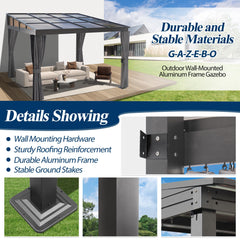 COVERONICS 10' X 10' Outdoor Polycarbonate Hardtop Gazebo - Wall-Mounted Aluminum Frame Gazebo with Slope Roof, Patio Heavy-Duty Lean to Gazebo Pergola with Netting & Curtains for Garden, Backyard