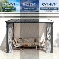 COVERONICS 10' X 10' Outdoor Polycarbonate Lean to Gazebo - Wall-Mounted Aluminum Frame Gazebo with Slope Hardtop, Patio Heavy-Duty Lean to Pergola with Netting & Curtains for Garden, Backyard, Deck