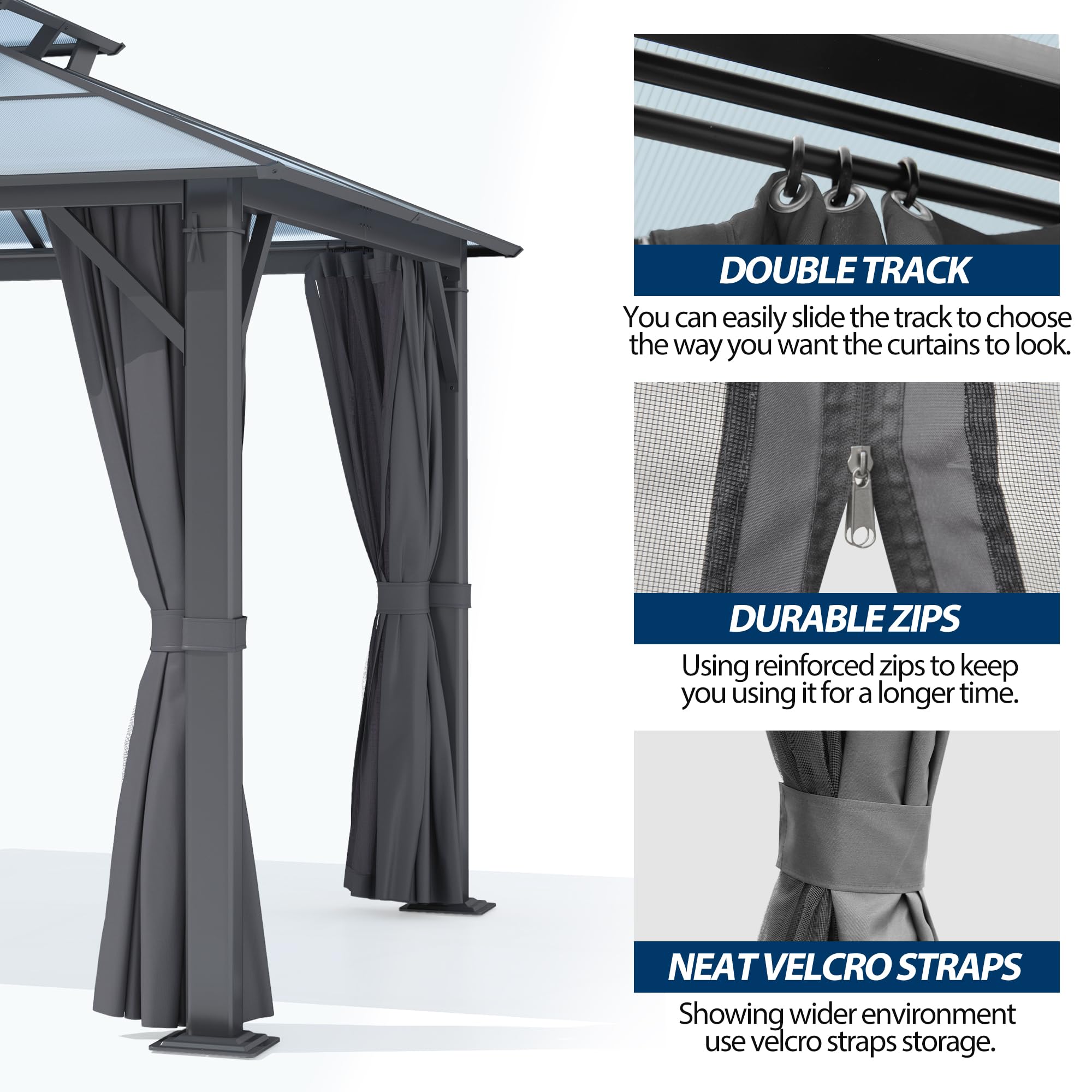 10×12 ft Polycarbonate Hardtop Gazebo with Translucent Double Roof, Netting & Curtains