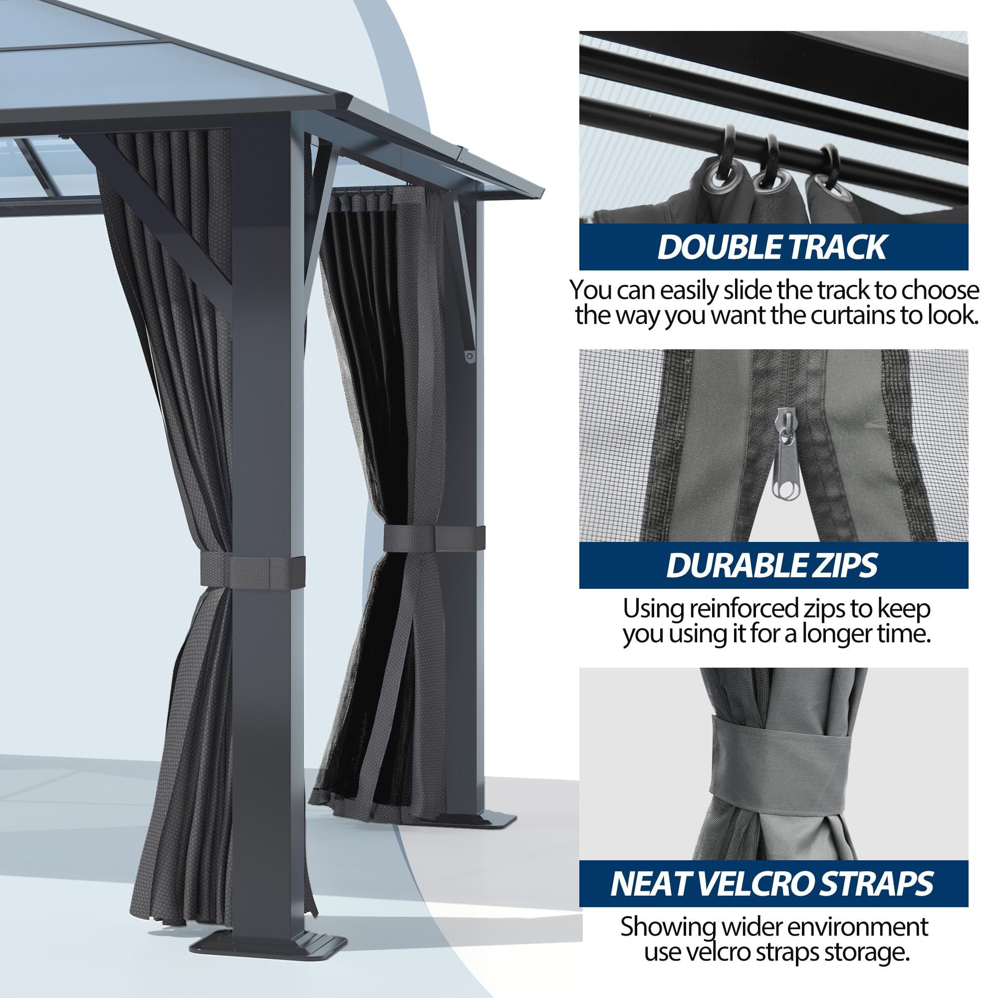 COVERONICS 10' x 12' Porch Polycarbonate Hardtop Gazebo with Steel Frame - Outdoor Translucent Single Roof Gazebo with Breathable Netting & Shaded Curtains for Patio, Lawn, Garden, Backyard, Poolside