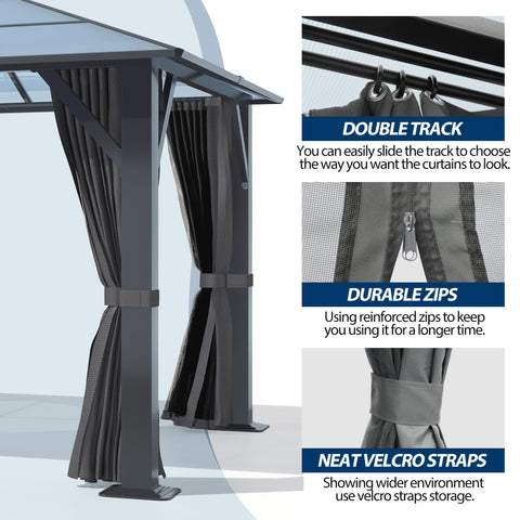 COVERONICS 10' x 12' Porch Polycarbonate Hardtop Gazebo with Steel Frame - Outdoor Translucent Single Roof Gazebo with Breathable Netting & Shaded Curtains for Patio, Lawn, Garden, Backyard, Poolside
