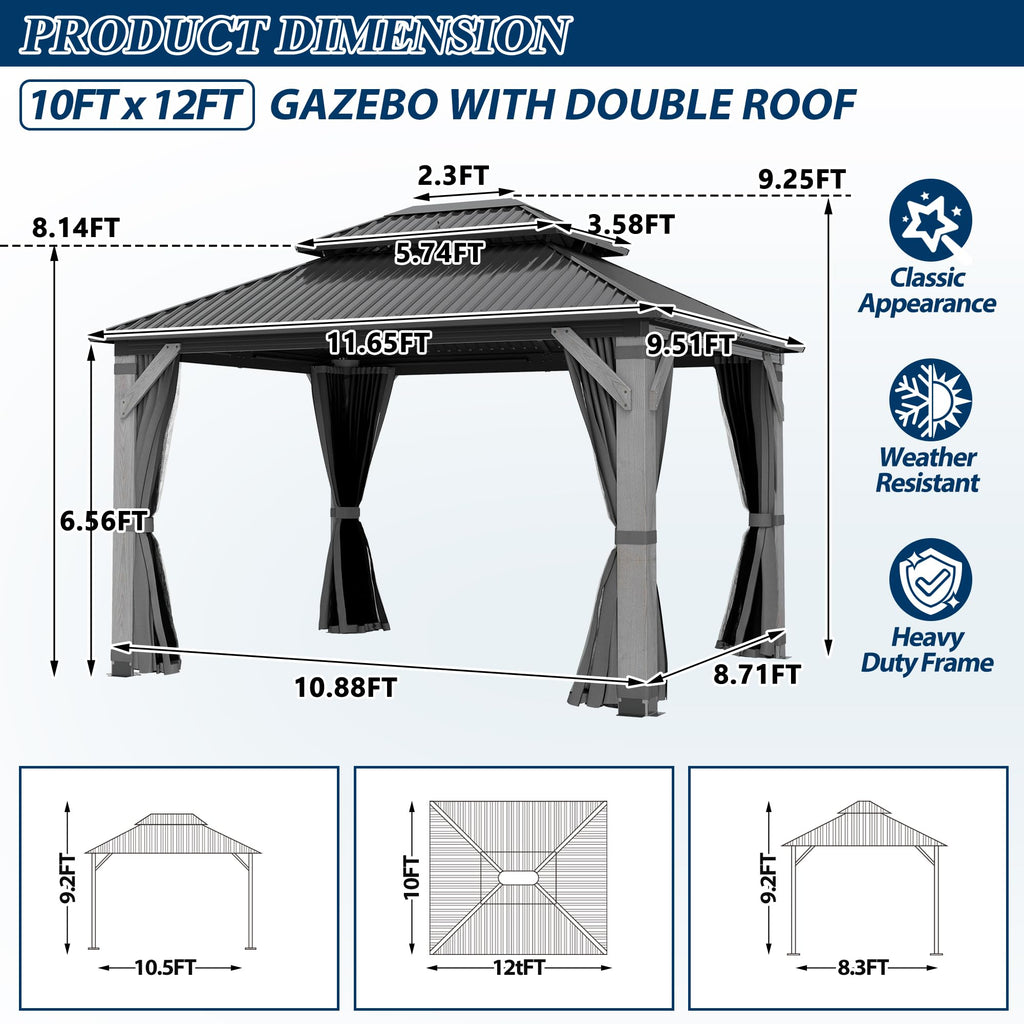COVERONICS 10FT x 12FT Outdoor Hardtop Gazebo - Patio Cedar Wood Post Gazebo with Galvanized Steel Hardtop, Heavy-Duty Double Roof Pavilion with Netting & Curtains for Garden, Poolside, Deck, Backyard