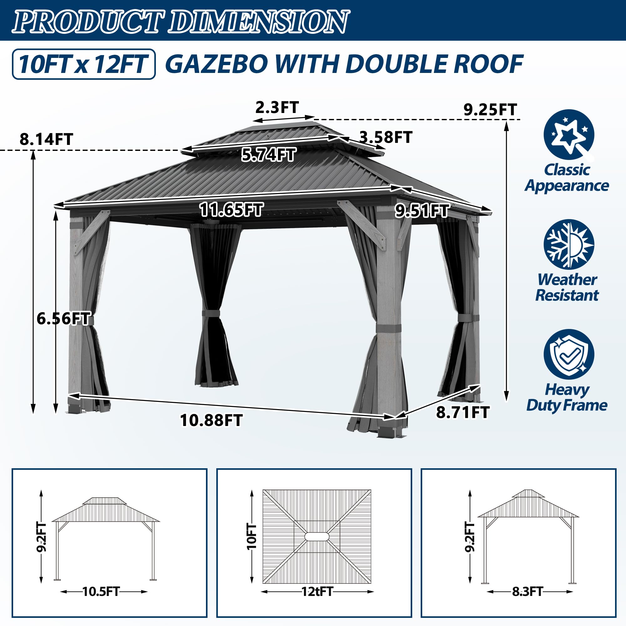 COVERONICS 10FT x 12FT Outdoor Hardtop Gazebo - Patio Cedar Wood Post Gazebo with Galvanized Steel Hardtop, Heavy-Duty Double Roof Pavilion with Netting & Curtains for Garden, Poolside, Deck, Backyard