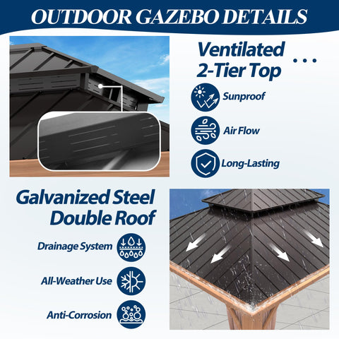 COVERONICS 10' x 12' Outdoor Drainage System Gazebo - Galvanized Steel Hardtop Gazebo with Powder-Coated Aluminum Frame, Heavy-Duty Gazebo with Netting & Curtains for Patio, Garden, Backyard