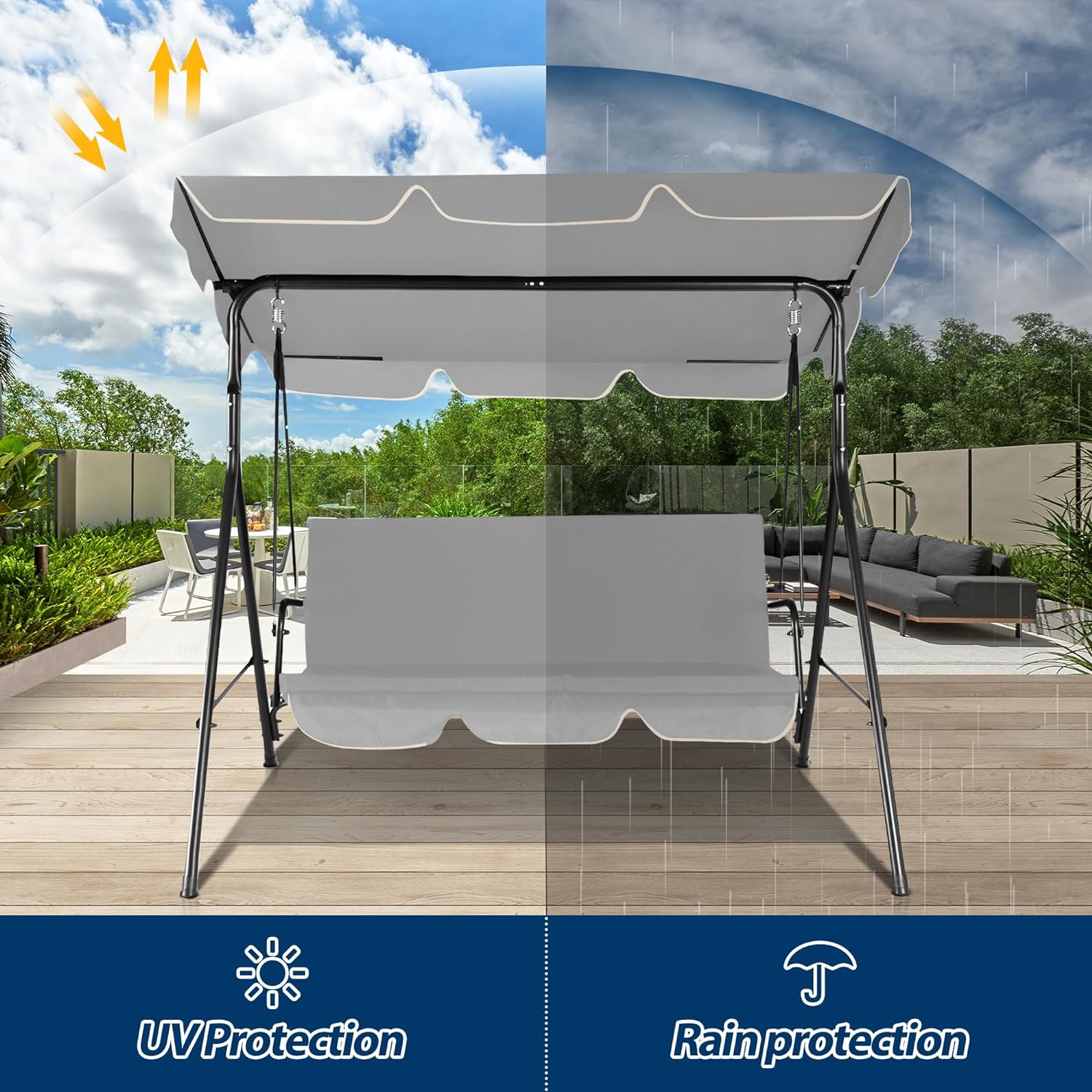 3-Seat Outdoor Porch Swing, Patio Swing Chair with Adjustable Canopy & Durable Metal Frame, Garden Swings Chair with Removable Cushions for Backyard, Terrace, Lawn