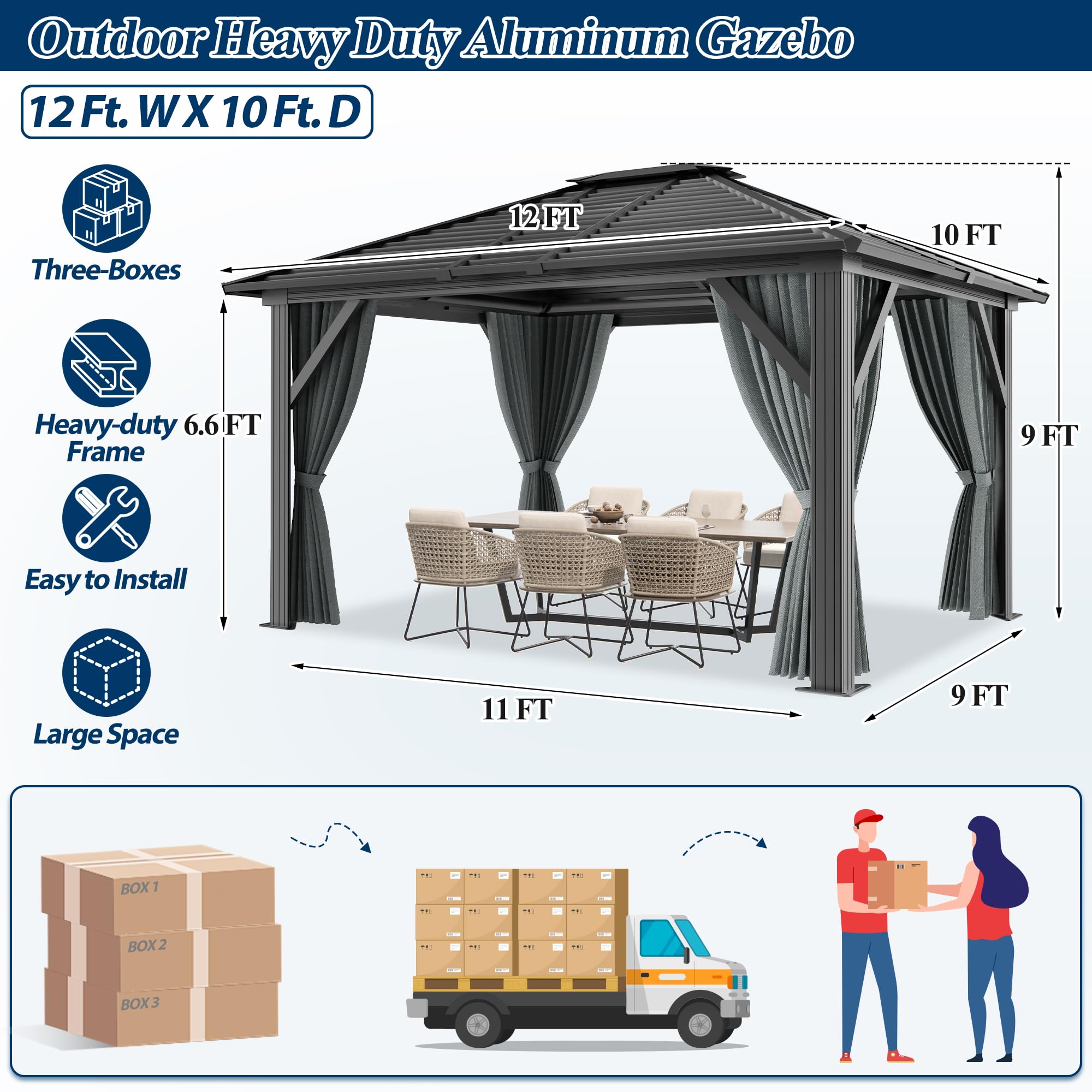 COVERONICS 10' x 12' Patio Hardtop Gazebo - Outdoor Heavy Duty Aluminum Frame Gazebo with Galvanized Steel Hardtop Single roof and Breathable Netting for Garden, Lawns, Party, Poolside