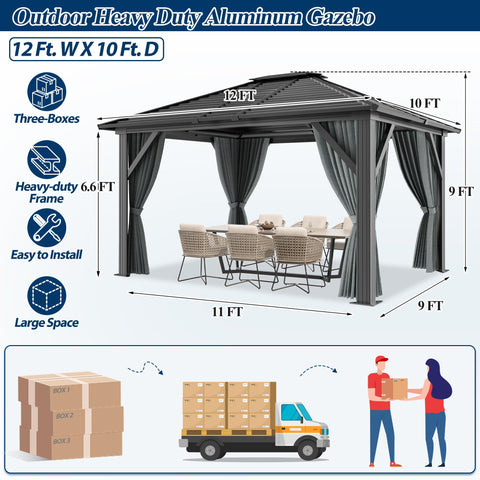 COVERONICS 10' x 12' Patio Hardtop Gazebo - Outdoor Heavy Duty Aluminum Frame Gazebo with Galvanized Steel Hardtop Single roof and Breathable Netting for Garden, Lawns, Party, Poolside