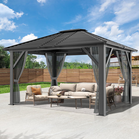 COVERONICS 10' x 12' Patio Hardtop Gazebo - Outdoor Heavy Duty Aluminum Frame Gazebo with Galvanized Steel Hardtop Single roof and Breathable Netting for Garden, Lawns, Party, Poolside