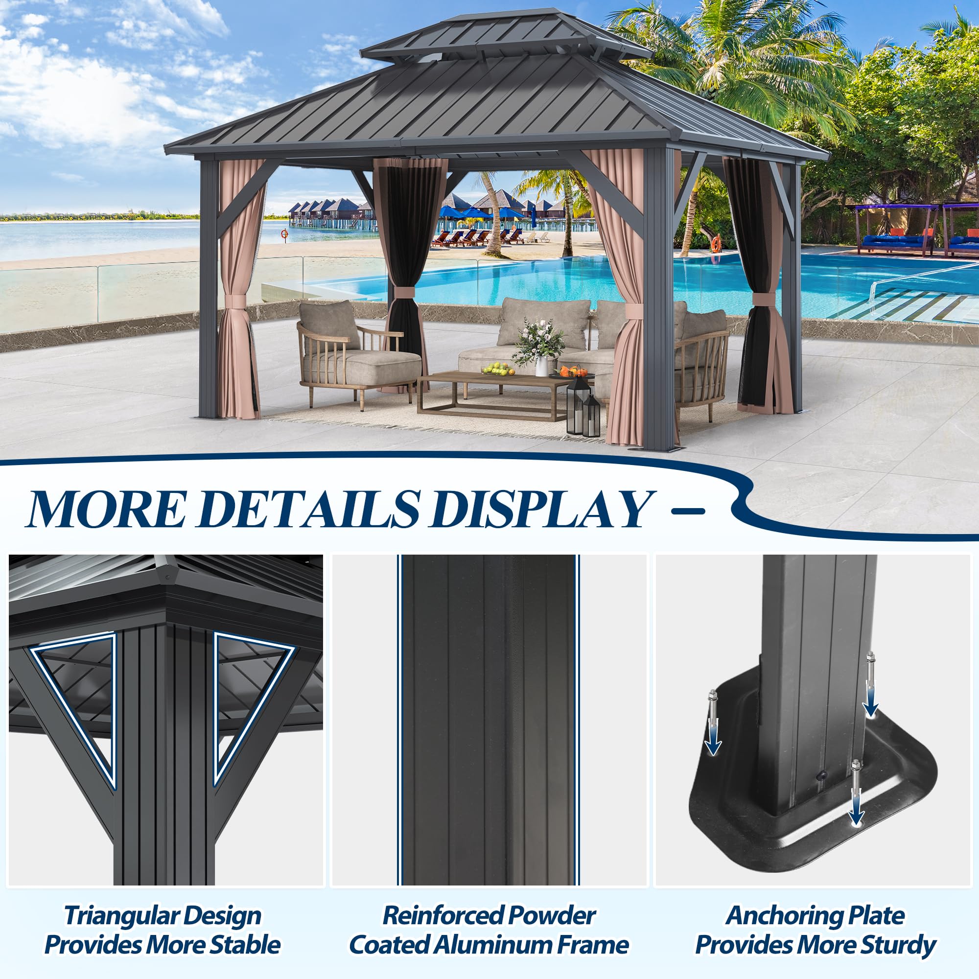 COVERONICS 10'x12' Outdoor Galvanized Steel Hardtop Gazebo - Patio Double Roof Gazebo with Aluminum Frame, Vertical Roof Gazebo with Netting & Curtains for Porch, Garden, Lawn, Deck, Backyard