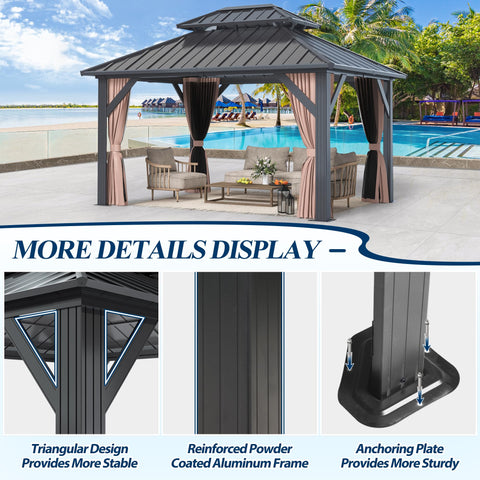 COVERONICS 10'x12' Outdoor Galvanized Steel Hardtop Gazebo - Patio Double Roof Gazebo with Aluminum Frame, Vertical Roof Gazebo with Netting & Curtains for Porch, Garden, Lawn, Deck, Backyard